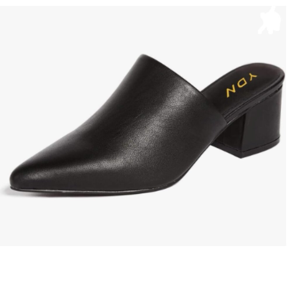 YDN Black Block Low Heel Mules Slip on Loafers Pointed Toe Sandals Slide Shoes